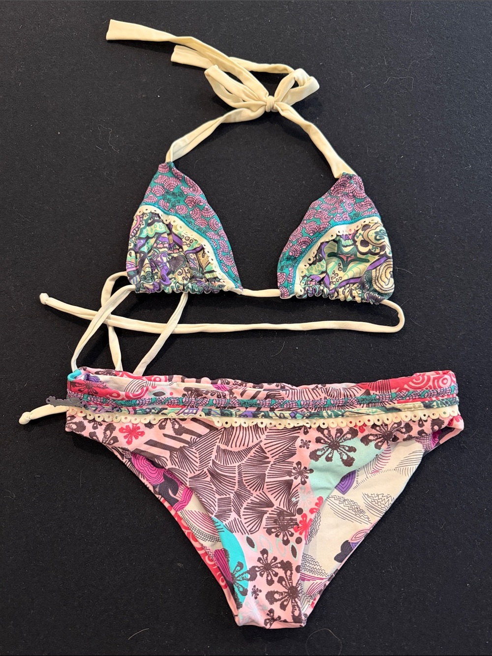 Maje Multicolor Floral Print Triangle Bikini with Cream Ties